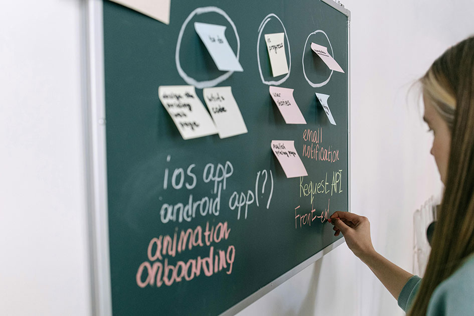 About-Us_Project-Manage Woman writing on Chalkboard which also has post-it notes on it with chalk circles around them. The chalk writing on the board is discussing onboarding/offboarding, email notification, Request API and the female is just completing writing the wording Front-end.