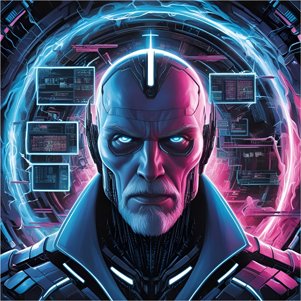 Complex_Structures Stylised image of a serious alien type face with comptuer monitors circling the back of the head.
