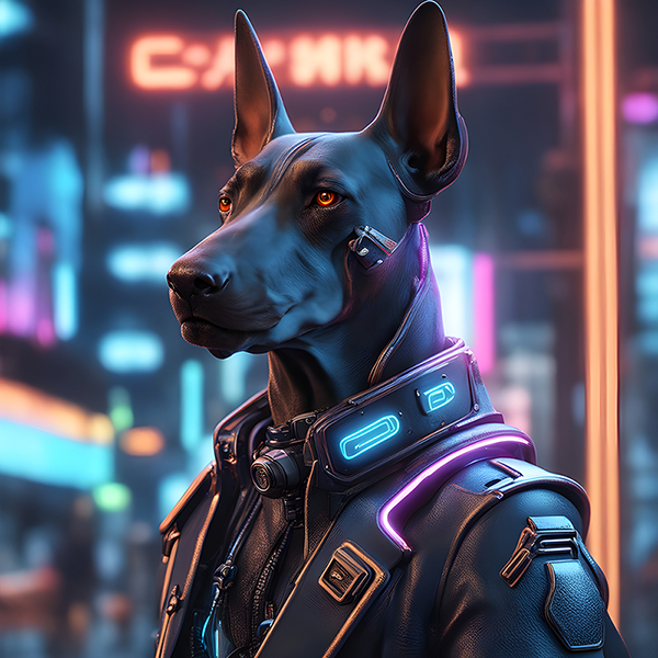 Security_dog Stylised image of top half of standing doberman with security camera to neck and wearing leather protection.