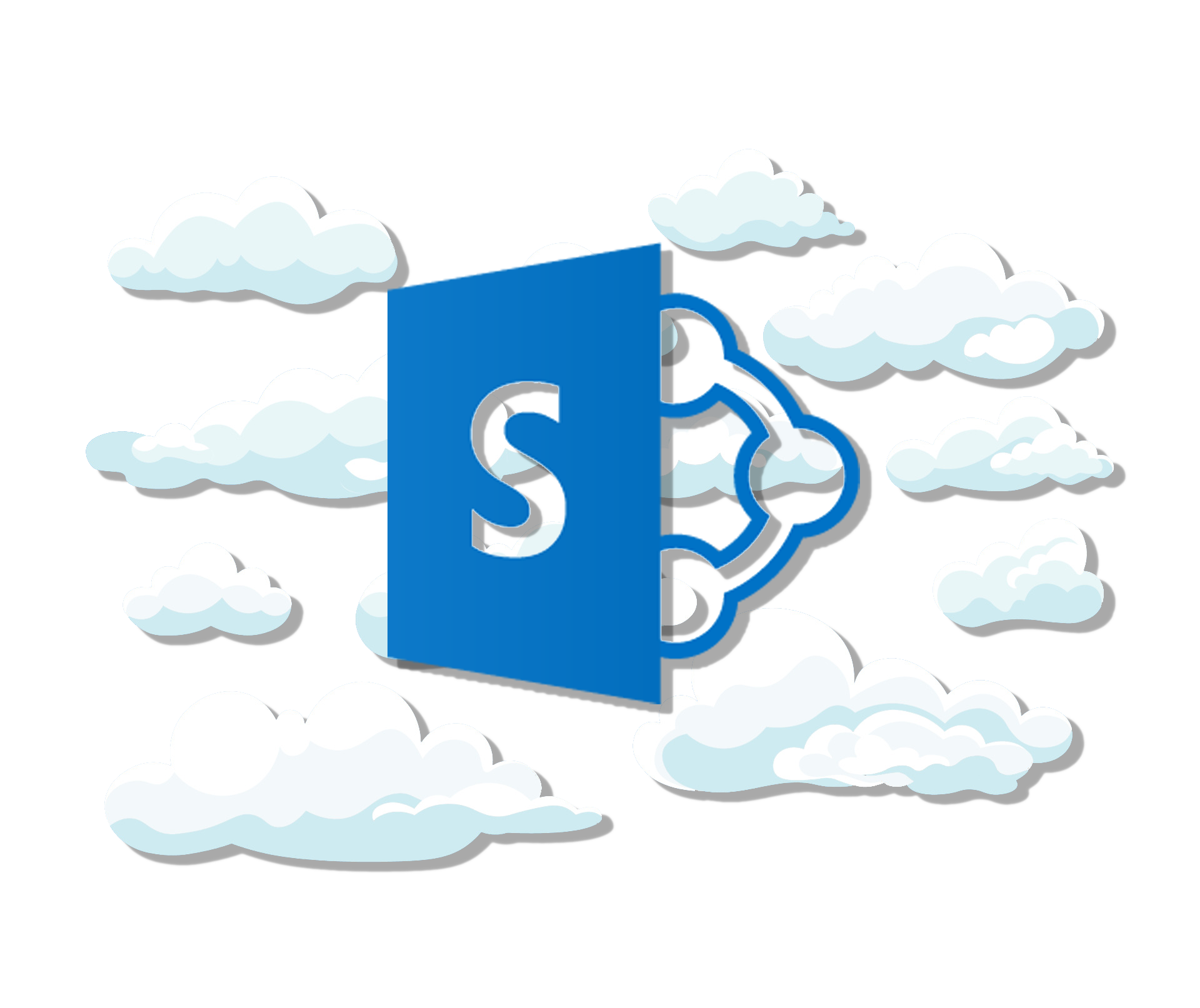 SharePoint Logo with fluffy clouds behind it.