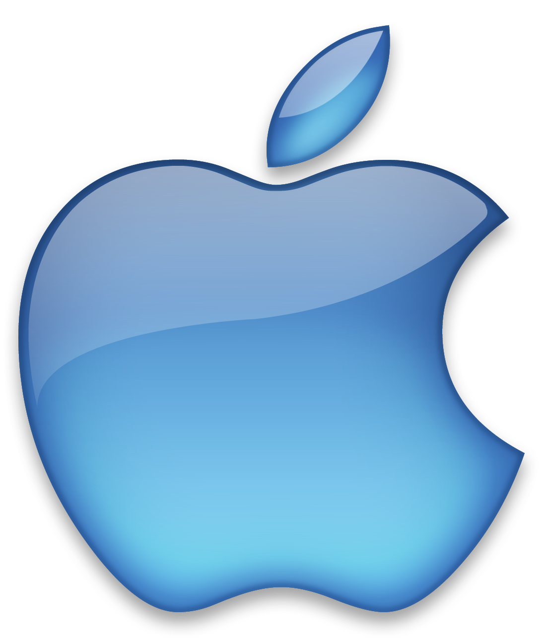 Stylised Apple Logo with blue graduated 3d effect and shadow in grey behind. Transparent background.