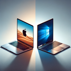Apple and Windows Comparison Apple Laptop and Micosoft windows laptop facing away from each other.